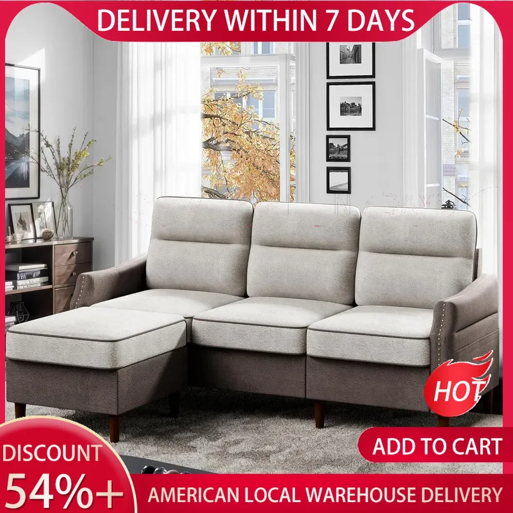 Sectional L Shaped Sofa Couch with Side Storage Bag, Convertible Sofa with Reversible Chaise and Rivet Decor for Apartment