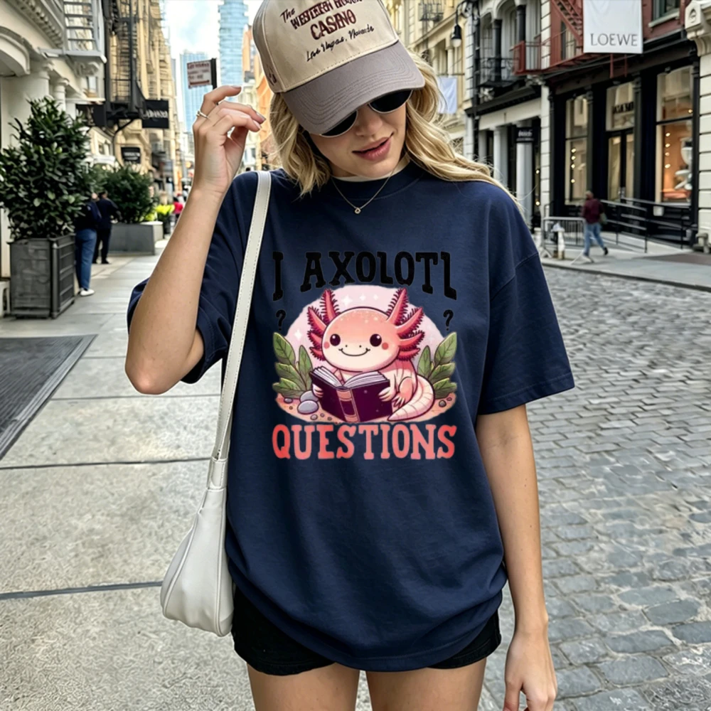 I Axolotl Questions Cute Axolotl Reading Book Leaf Background Graphic T Shirt Cotton Tee Funny Pun Animal Lover Casual Retro Tee
