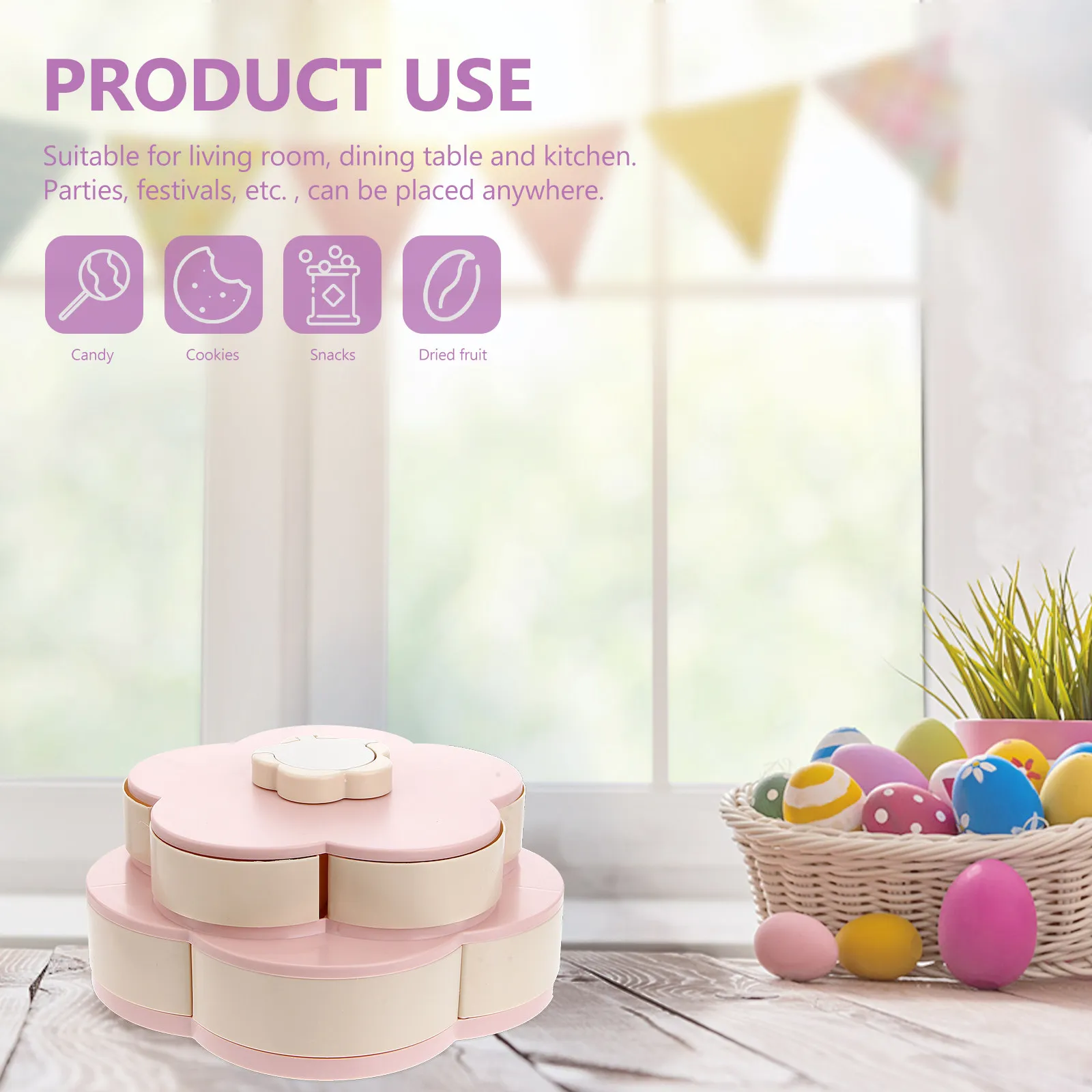 Bandeja giratoria de doble capa para refrigerios, diseño de pétalos rosas, caja para dulces, para servir aperitivos en fiestas, almacenamiento de frutas secas, cocina, bar
