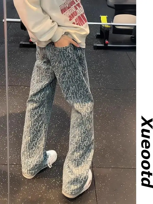

Light Blue Printed Slim Fit Bell Bot Jeans Men's American Vibe Faionable Straight Leg Trousers Trendy Long Pants