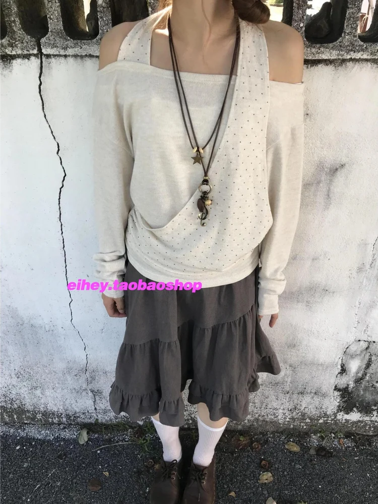 

Autumn Trendy Streetwear Irregular Polka Dot Splicing Boat Neck Off-shoulder Long-sleeve T-shirt for Women Korean Y2k Halter Top