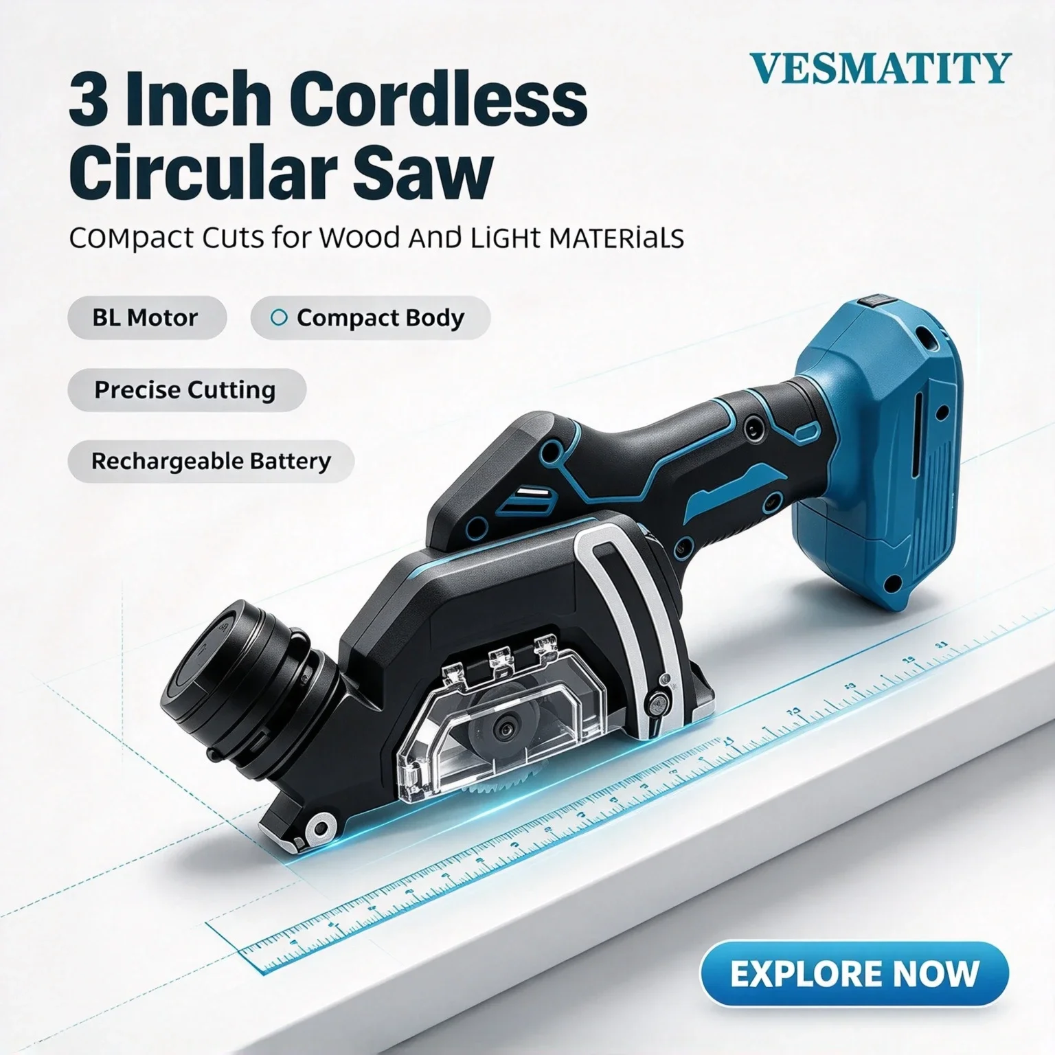 Vesmatity Circular Electric 3 Inch Mini Brushless Saw Cordless Handheld Cut Off Tool Grinder Wood Tile Metal 18V Battery HD
