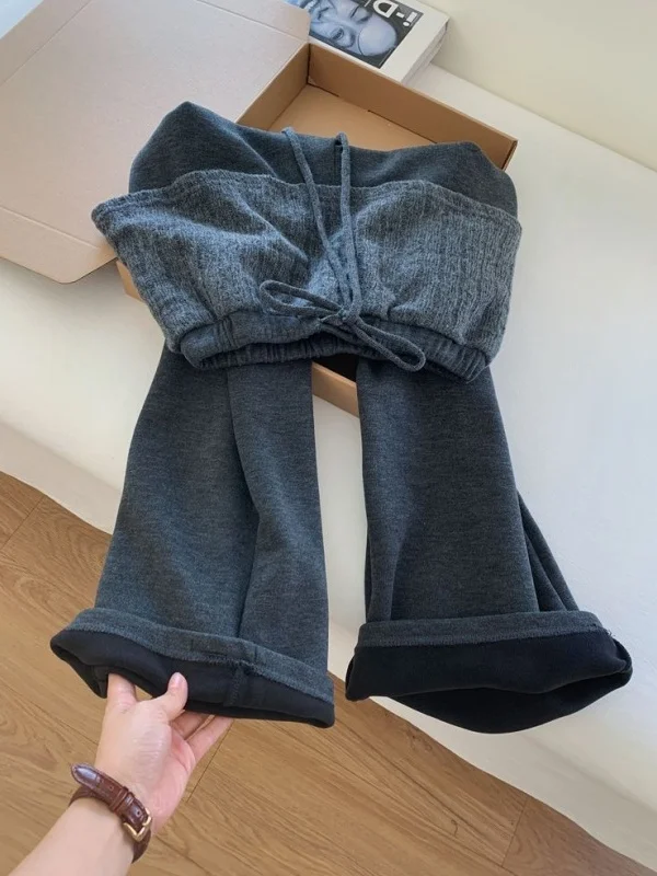 

Loose Fit Fce Lined Elastic Waist Dstring Casual Pants ex Deep ey Korean Sle Autumn Winter Straight Leg Trousers