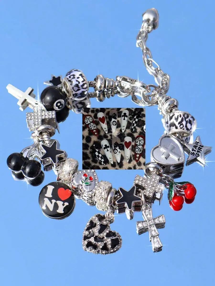 

Charm Bracelet With Cherry Leopard Star Cross 8 Ball Punk Style