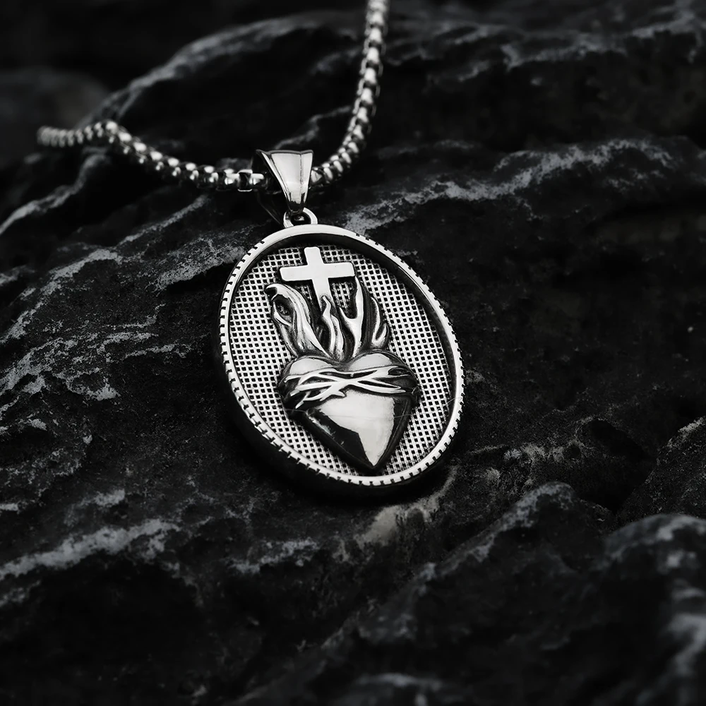 European and American Style Retro Cross Love Oval Men\'s Personalized Pendant Jewelry Titanium Steel Necklace