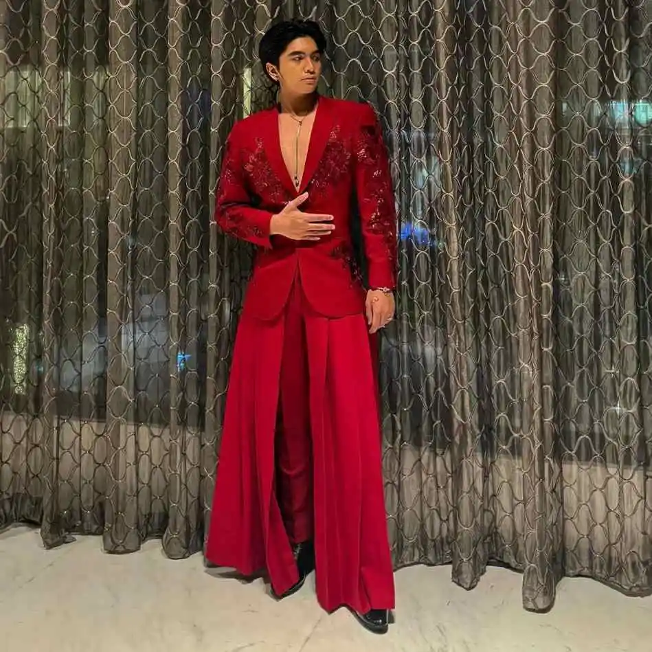 Rode Bloemen Heren Pakken Applicaties Plooien Bruidegom Bruiloft Broek Sets Slim Fit Party Modeshow Wear 2-delig Op maat