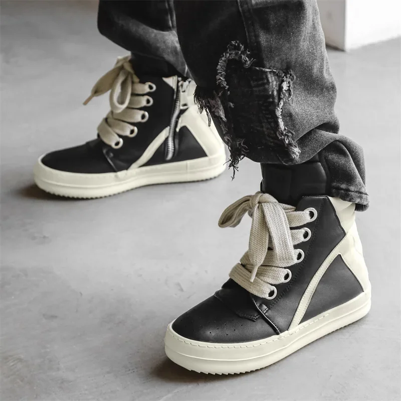 New Men Leather Casual Platform Shoes High Top Flat Skateboard Shoes Street Trend Ankle Boots