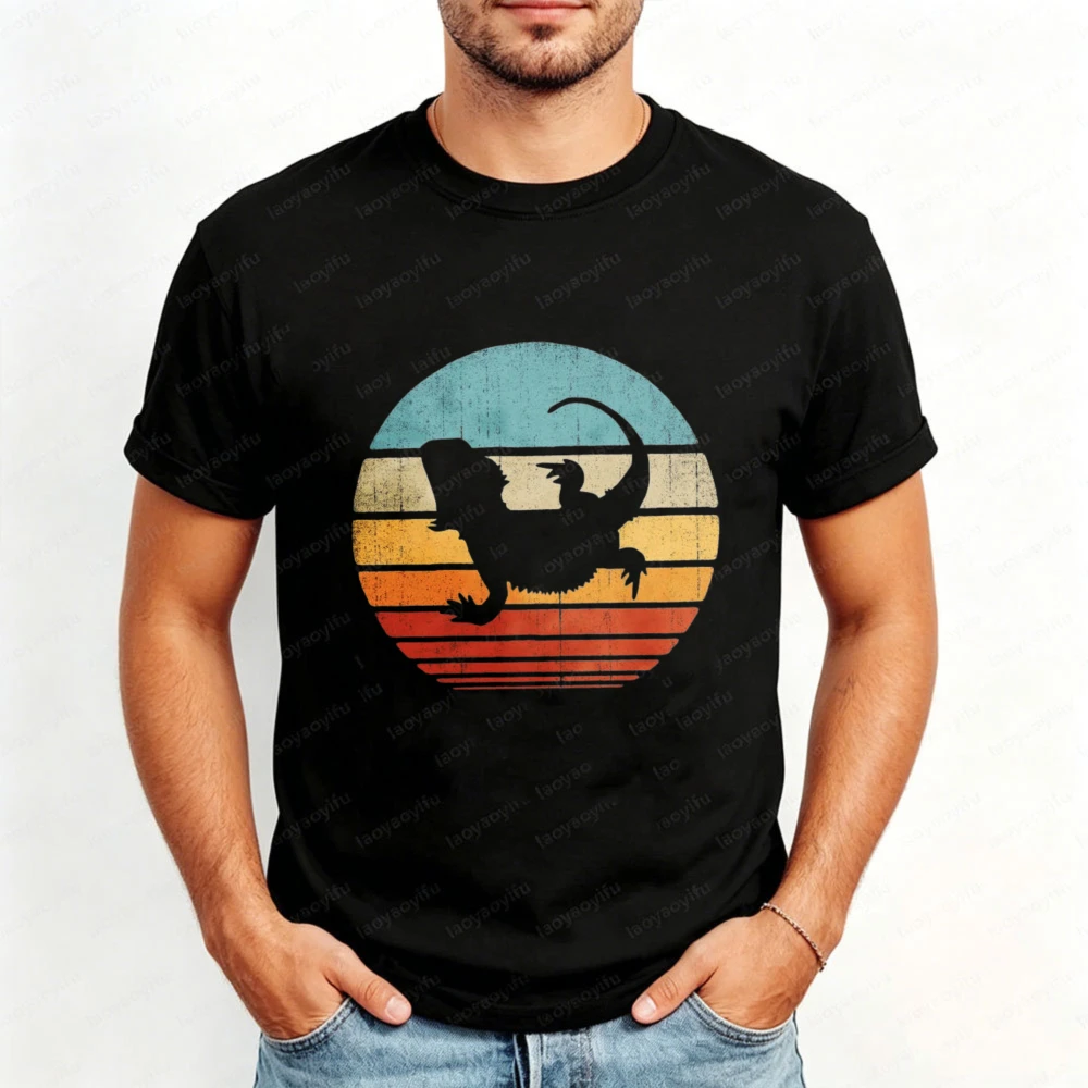 Bearded Dragon Shirt Retro Gradient Sunset Silhouette Graphic T Shirt Men Reptile Pet Lover Tee Lizard Hobby Casual Cotton Tops
