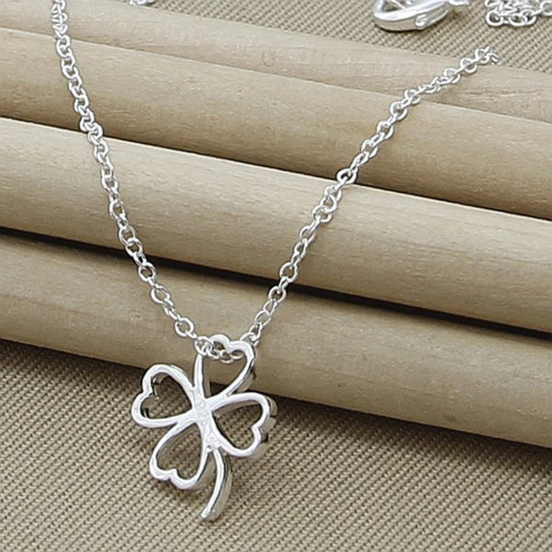 

925 Sterling Silver Four Leaves Clover Pendant Necklaces 18 Inch Chain For Mother Woman Jewelry Gift