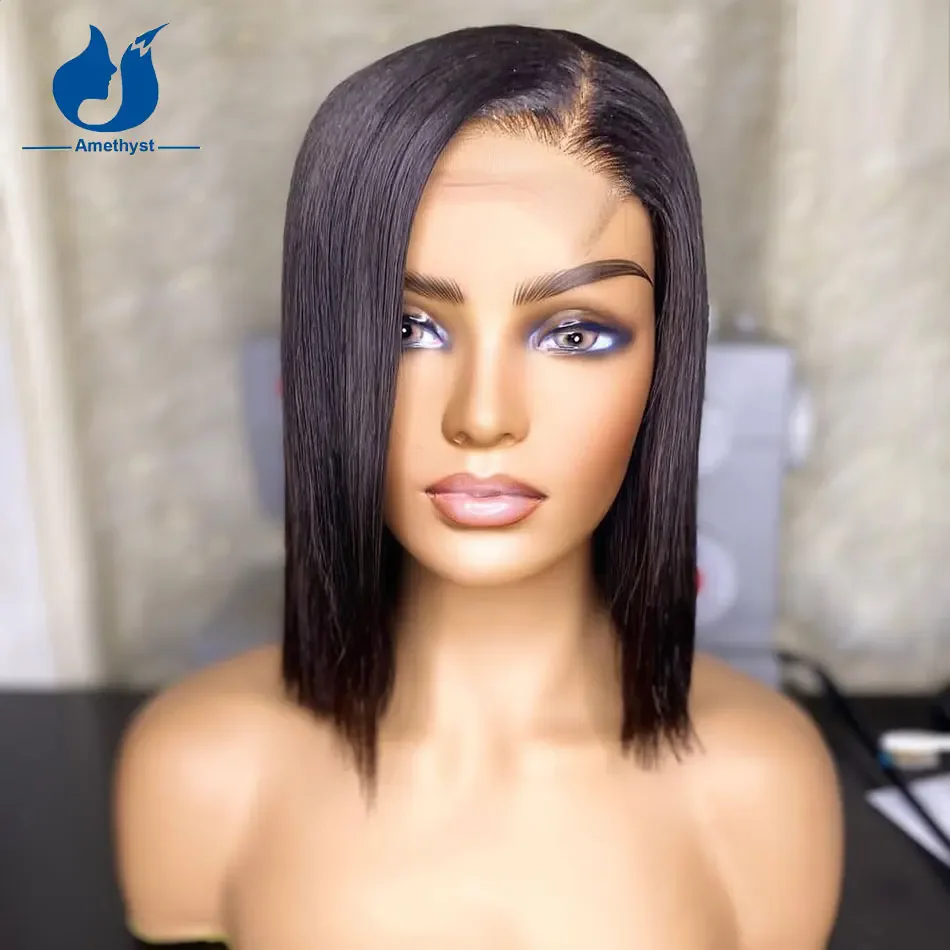 Natural Black Lace Encerramento Bob Peruca, Parte Lateral, 100% Cabelo Humano, Corte Curto Blunt, Ametista com 5.5x4.5PU Base de Seda, Direto