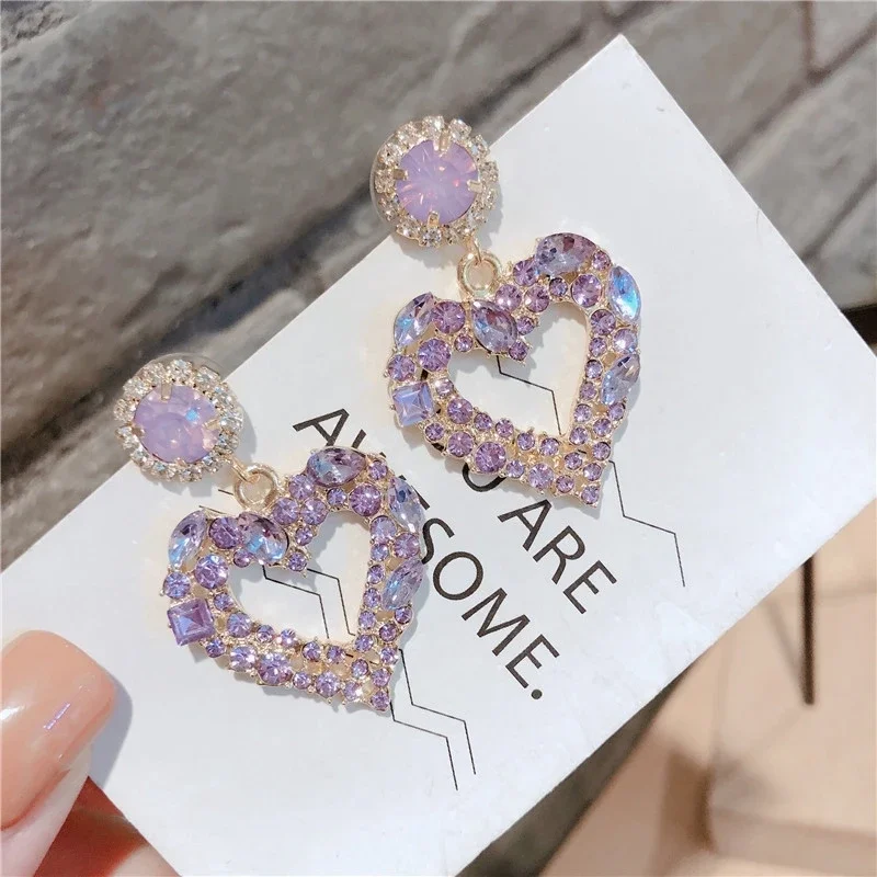 fashion earrings silver needle love purple hollow female simple heart-shaped earrings