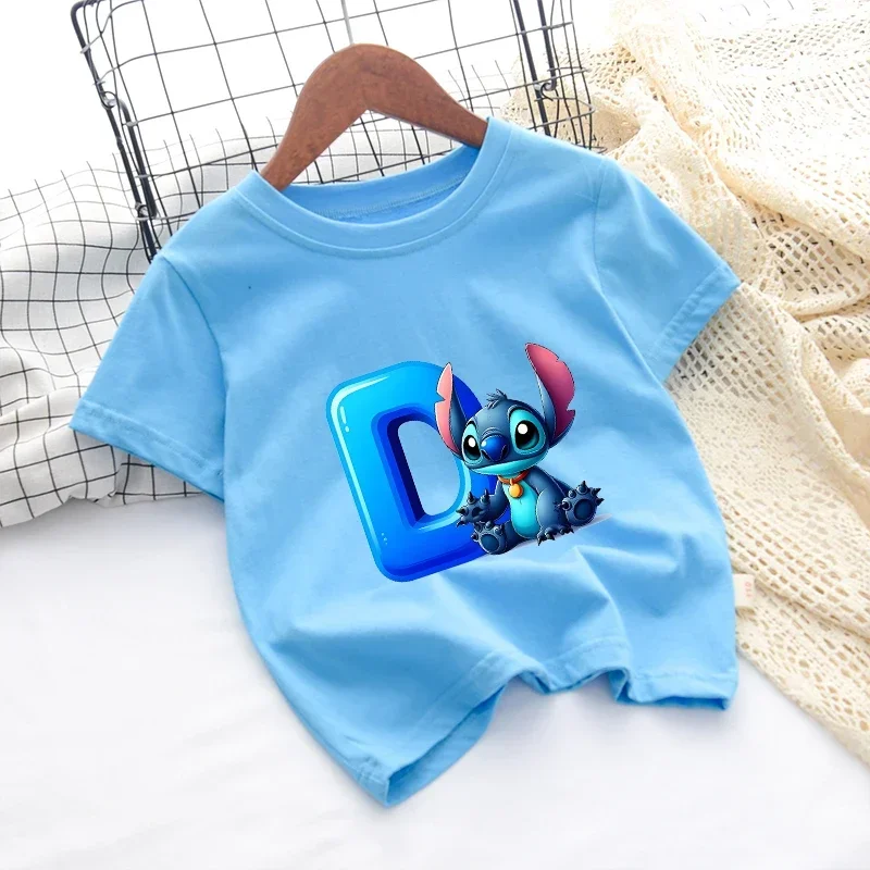 Lilo & Stitch T-shirt in cotone per bambini Disney Cartoon Boy Lettera AZ Vestiti Ragazza T-shirt Camicia Vestiti Anime Kawaii Top Abbigliamento per bambini