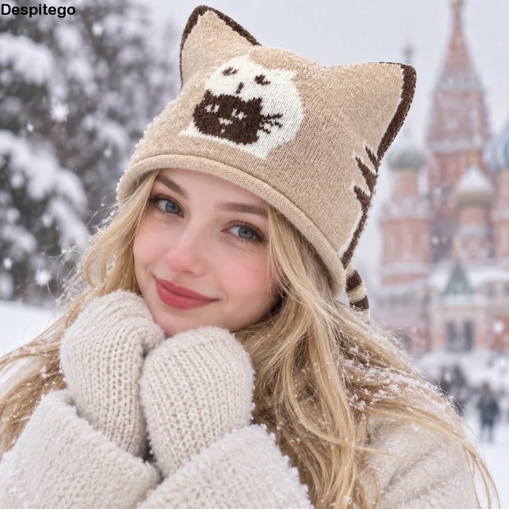 Sweet Kawaii Cute Cat Beanie Animal Pattern Thick Lovely Ears Bonnet Tail Decor Multi Colors Winter Painter Cap Photoshoot