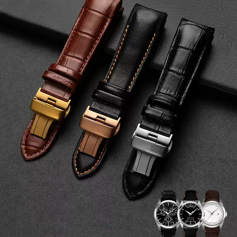 

For Tissot T035 Butterfly Steel Buckle Calfskin Strap Bracelets Genuine Leather Watch Band Curved End Replacement 22mm 23mm 24mm