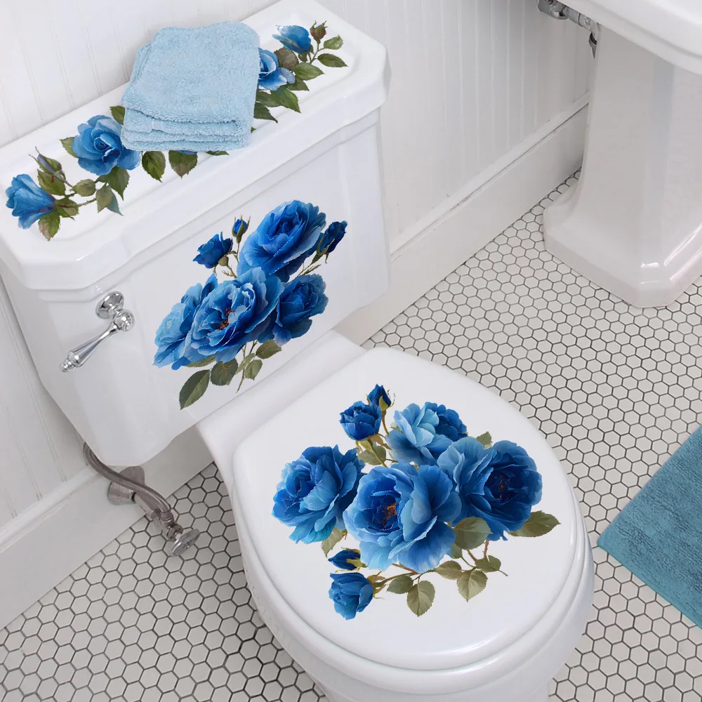 Blue Rose Toilet Seat Stickers - 3Pcs Waterproof Bathroom Decor Set, Self-Adhesive Floral Toilet Lid Decals for WC Tank & Seat,