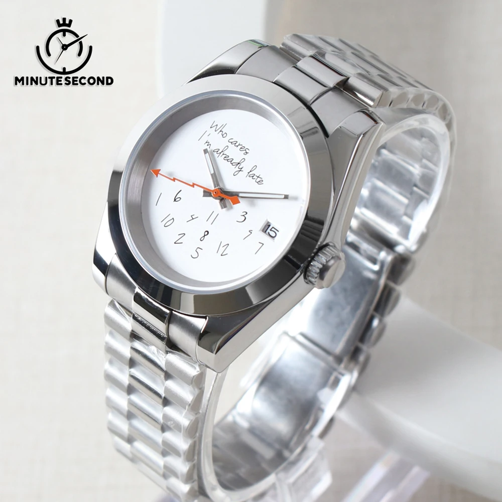 

MINUTESECOND NH35 Watch Who cares, I'm already late Silver Sapphire Crystal NH35 Automatic Movement 39mm President Strap Watch