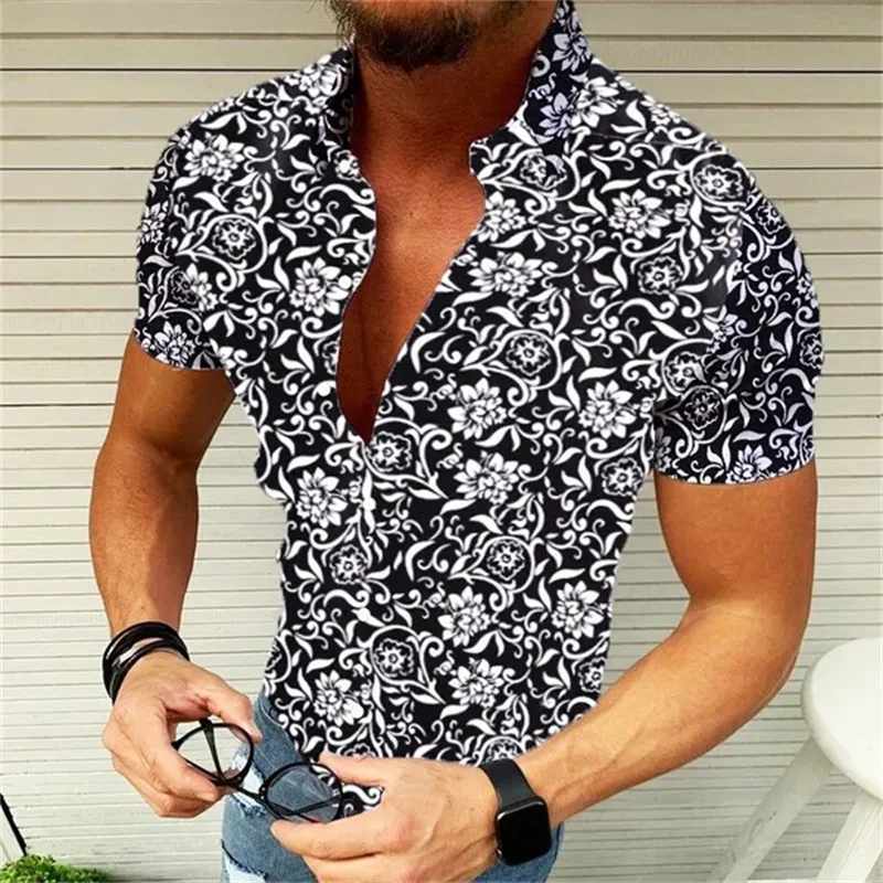 Fashionable New Men's Floral Shirt Hawaiian Short Sleeve Slim Button Lapel Shirt Floral Shirt Casual Summer Top Large Size S-5XL