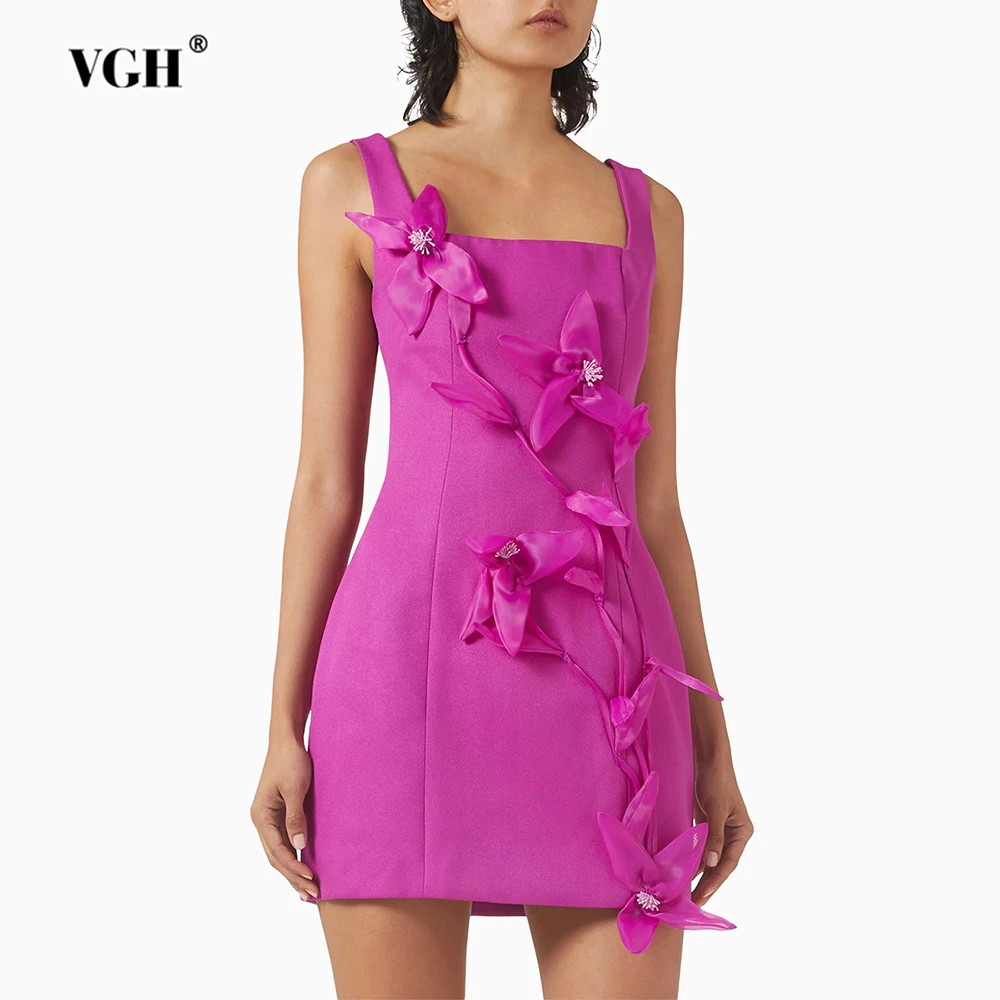 

VGH Elegant Chic Short Dress for Women Square Collar Sleeveless High Waist Spliced 3D Floral Slimming Dinner Dresses Female New