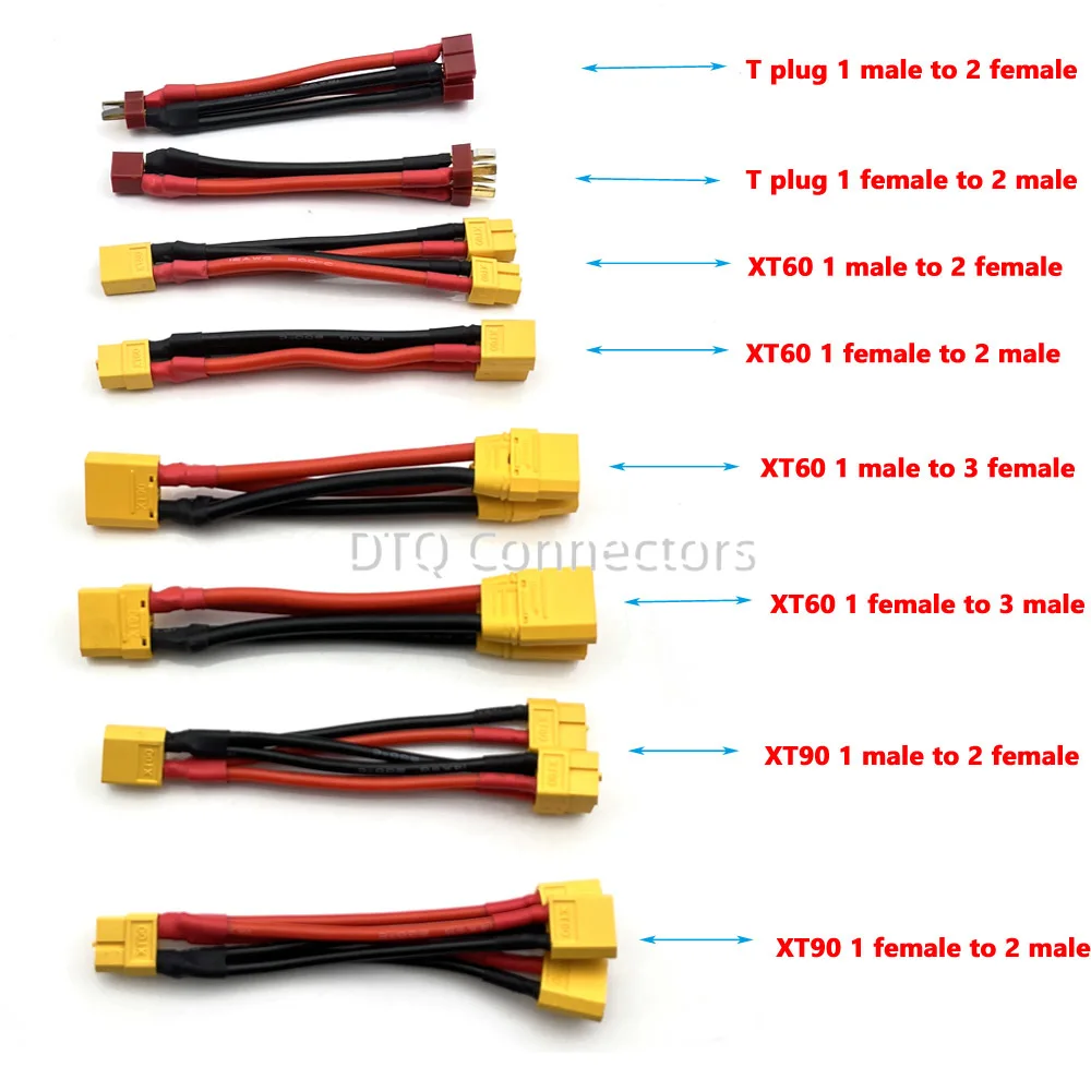 1pc T plug XT60 XT90 Parallel Battery Connector Male/Female Cable Dual Extension Y Splitter 2/3Way Silicone Wire for RC Battery