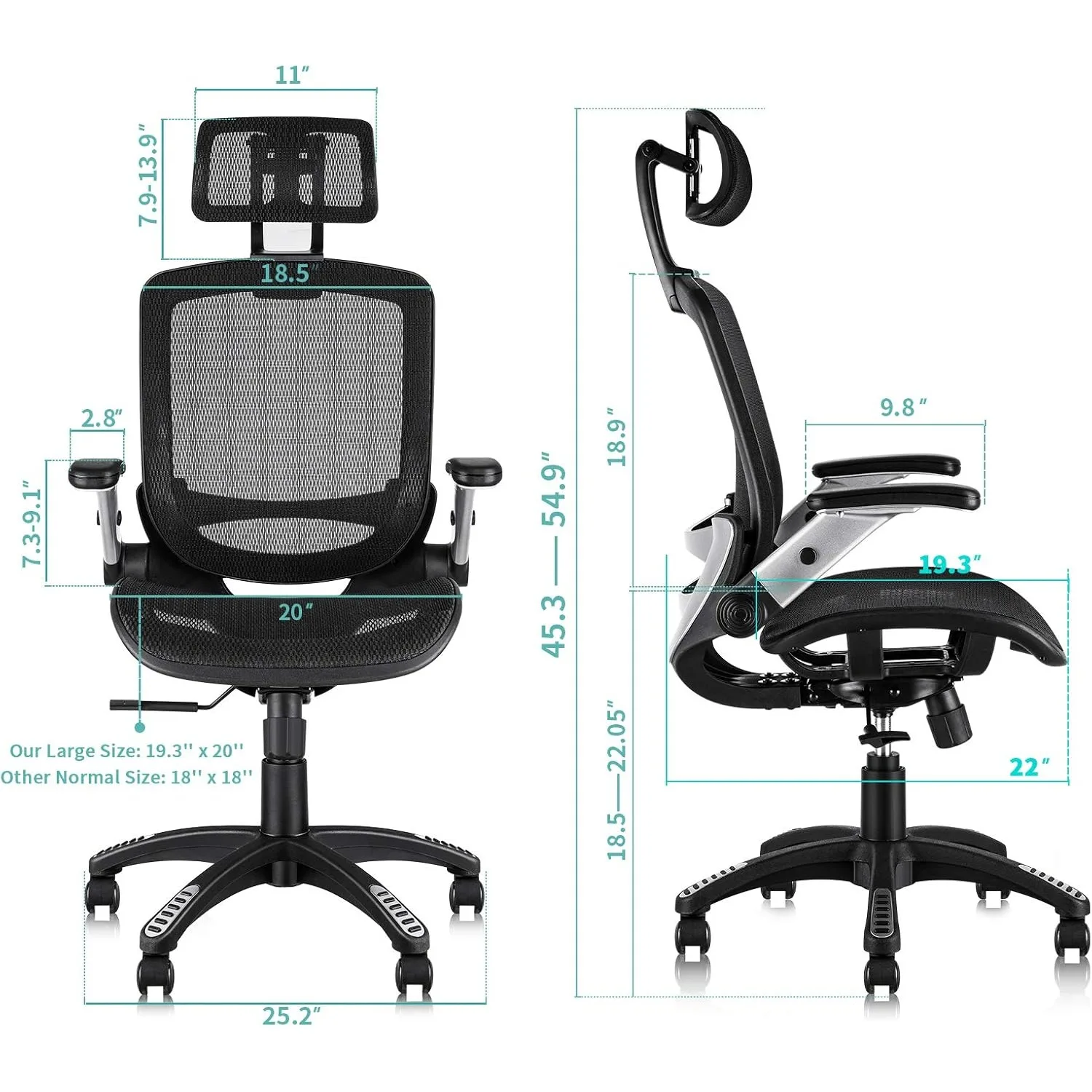 Ergonomiczne krzesło biurowe, krzesło biurowe z wysokim oparciem, zagłówek, odwracane ramię, 90-120 °   zamek pochylony i szeroka poduszka, wysokie krzesło siatkowe