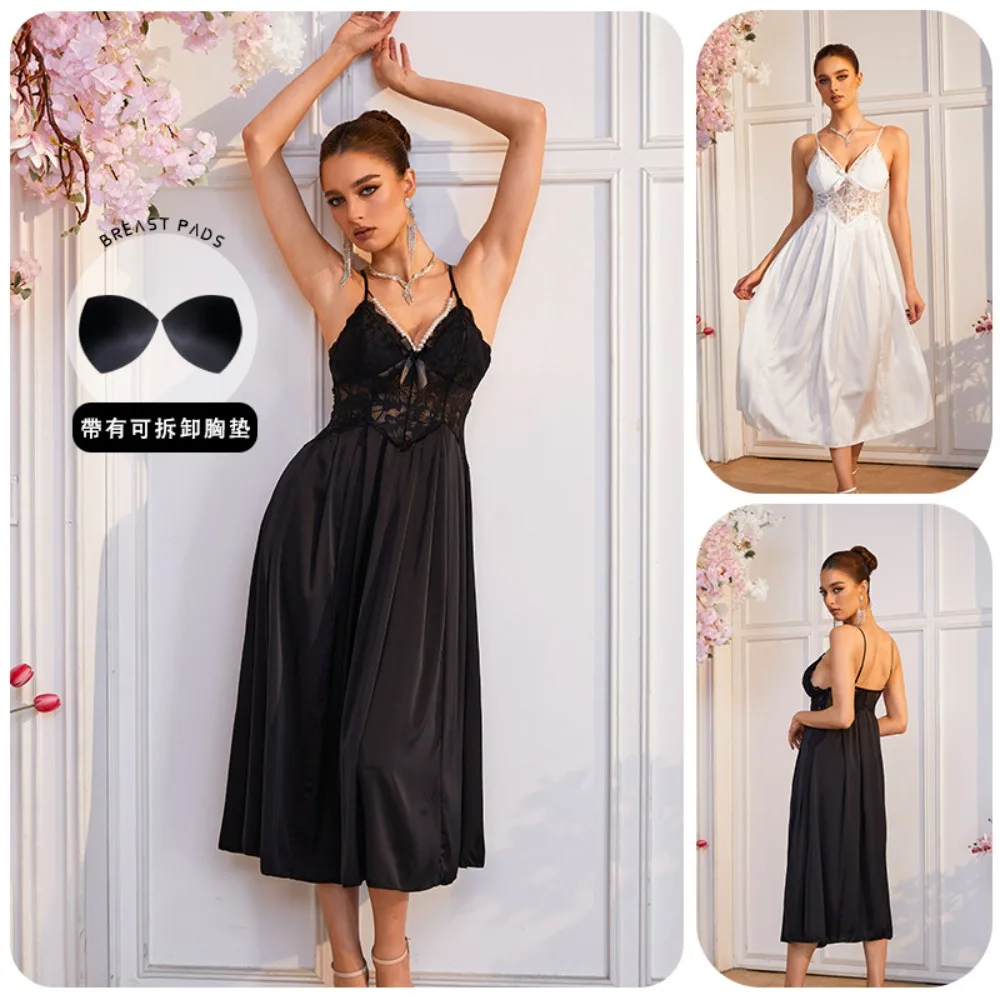 European Retro Fashion Lace Satin Pearl Bow Maxi Nightgown V-Neck Cami Sleep Dress with Removable Pads Women's Home Lounge Dress