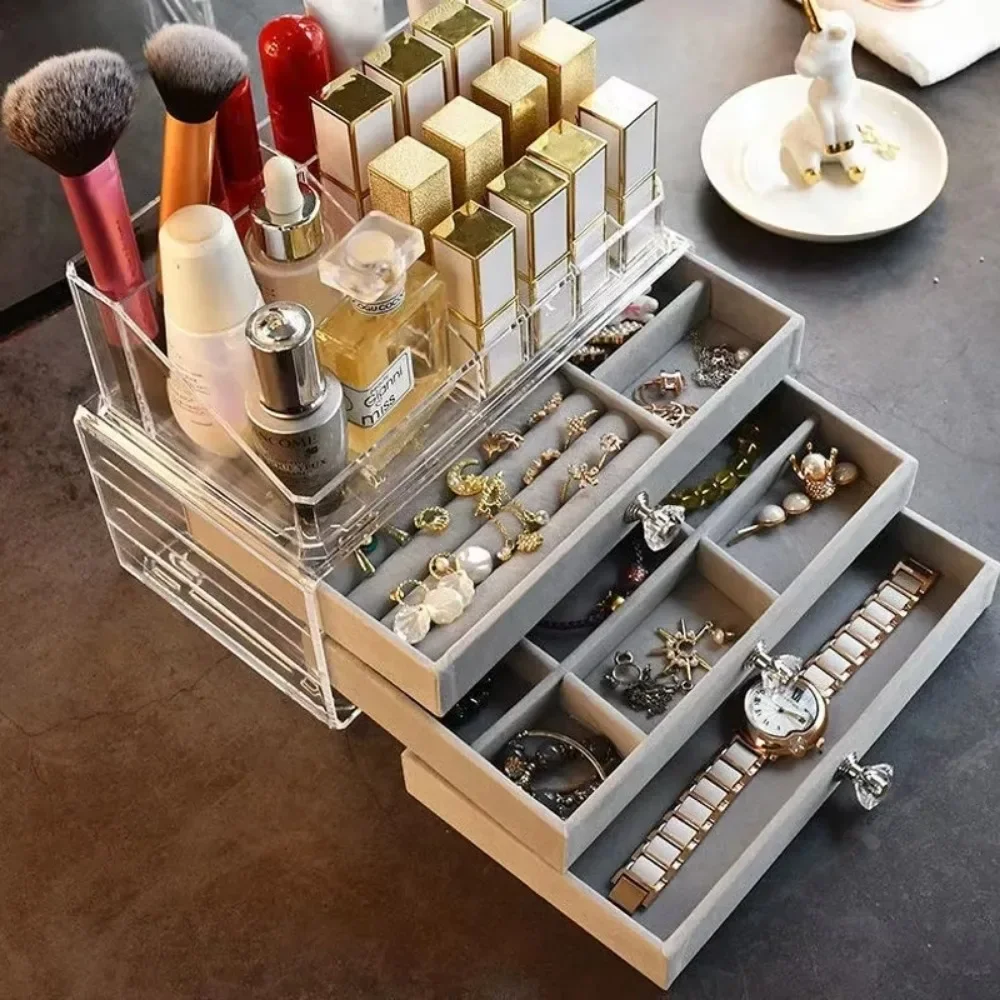 Velvet Acrylic Jewelry Organizer with 3 Drawers Stackable Display Storage Earrings Necklace Bracelets Box Holder Case for Women