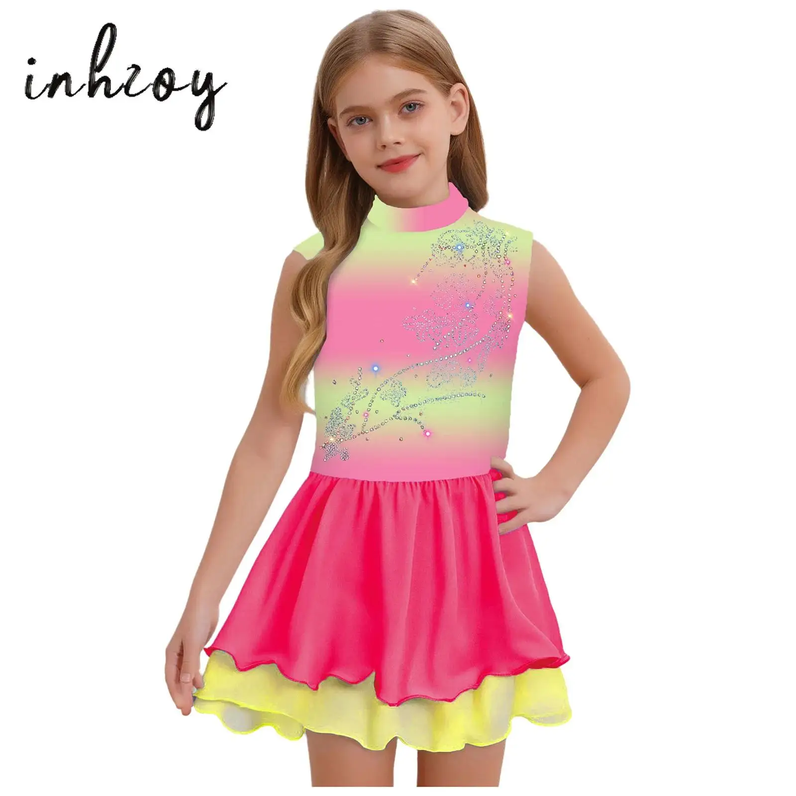 

Kids Girls Figure Skating Dance Dress Gradient Sleeveless Keyhole Back Sparkly Rhinestones Dress Ballet Leotard Dress Dancewear