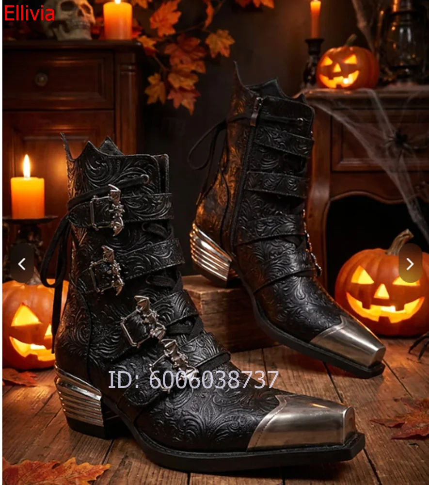 Women Gothic Western Cowboy Boots Metal Skull Buckle Embossed Leather Side Zipper Punk Rock Pointed Toe Metal Cap Ankle Boot