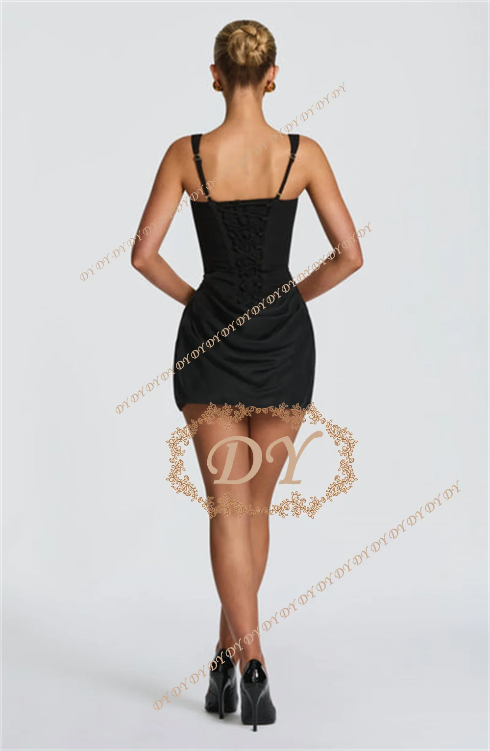 

DY Mozision Backless Ruched Sexy Mini Dress Women Elegant Tapered Straps Square Collar Sleeveless High Waist Club Party Dress Cu