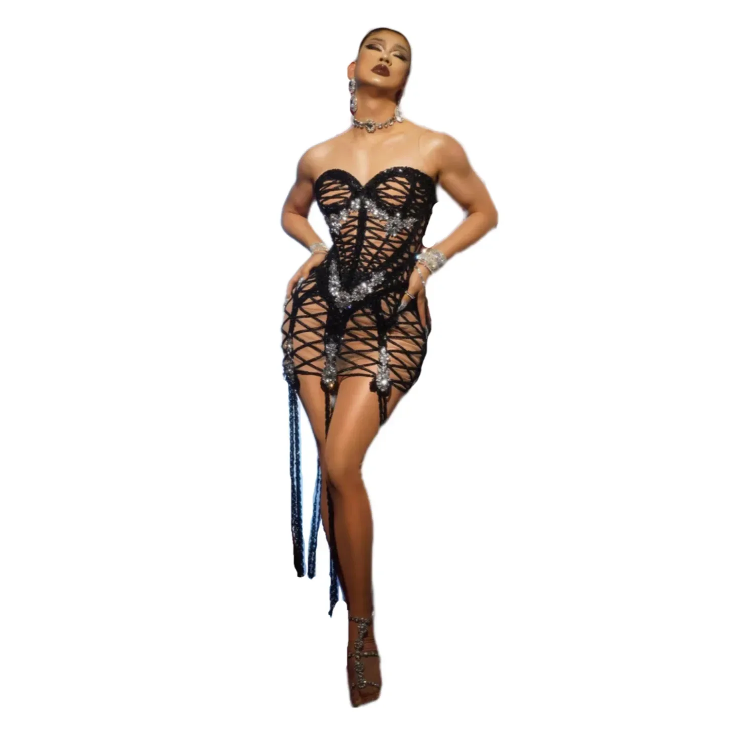 

Sleeveless Black Mesh Shining Rhinestones Tassel Sexy Dress For Women