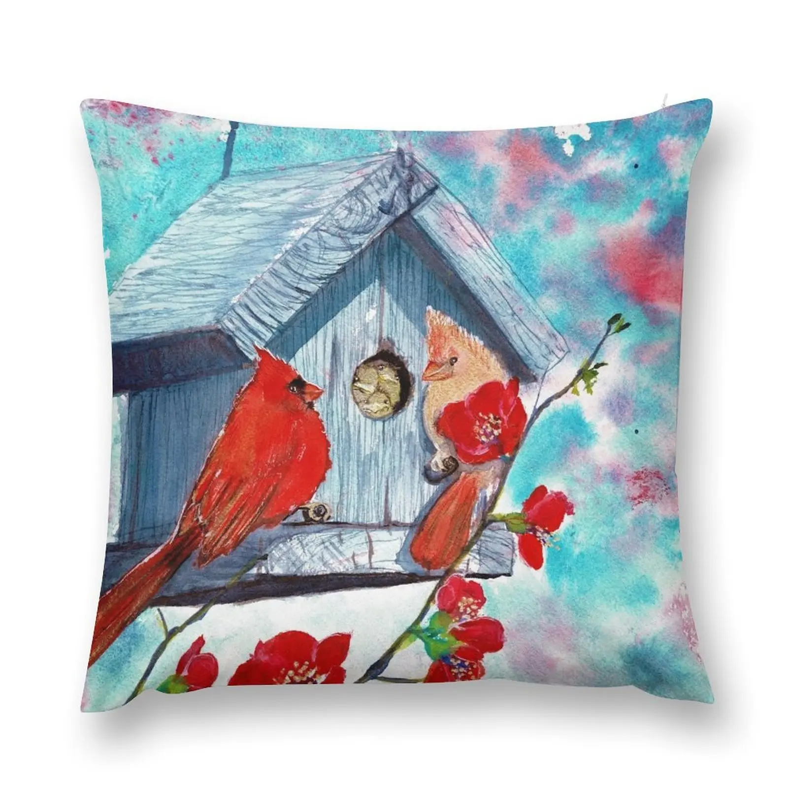 

Painting by Laura Rispoli Home Cardinals Red birds Family Bird house love red cherry blossoms watercolor painting a Throw Pillow