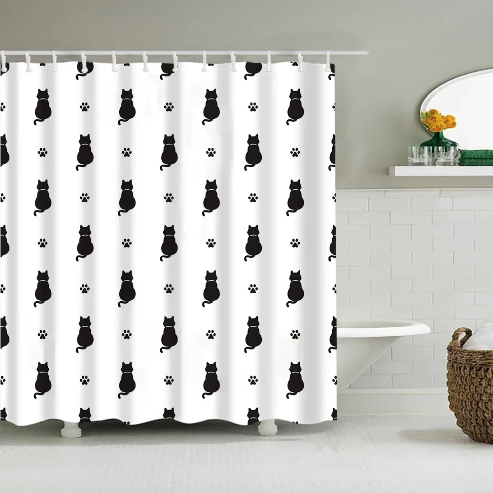 Puppy Cat Cute Cartoon Shower Curtains Washable Fabric Polyester For Bathtub Art Bathroom Decor Partition With Hooks Waterproof