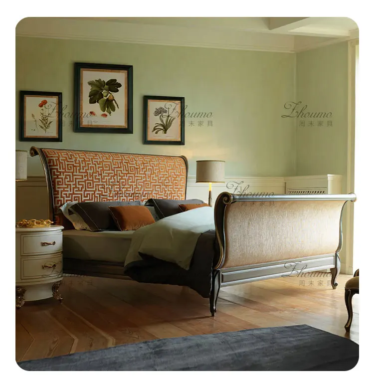 American engraved printed fabric bed antique light luxury old solid wood bed retro simple double bed weekend furniture