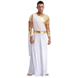 Mens Halloween Ancient Greek Toga with Gloves Metallic Mythology Robe with Wristband Pullover Tunic King Cosplay Roman Costumes
