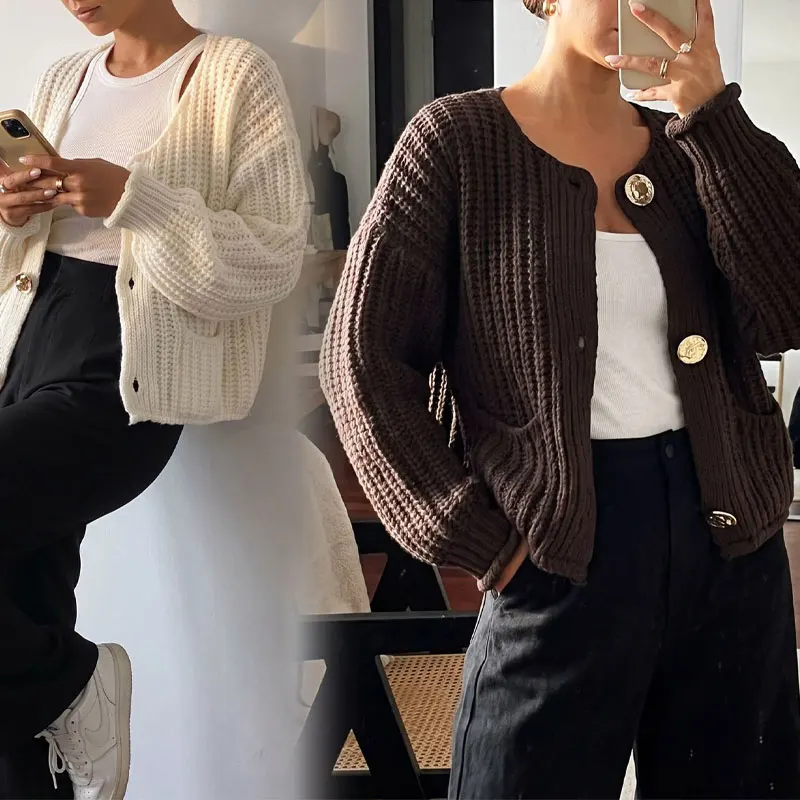 Women Crew Neck Button Front Knit Cardigan Long Sleeve Autumn Winter Solid Color Vintage Loose Casual Sweater Coat With Pockets