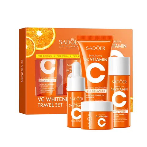 4-Piece Portable Vitamin C Moisturizing Travel Skin Care Set Vitamin C Facial Cleanser Toner Essence Cream Portable Skin Care