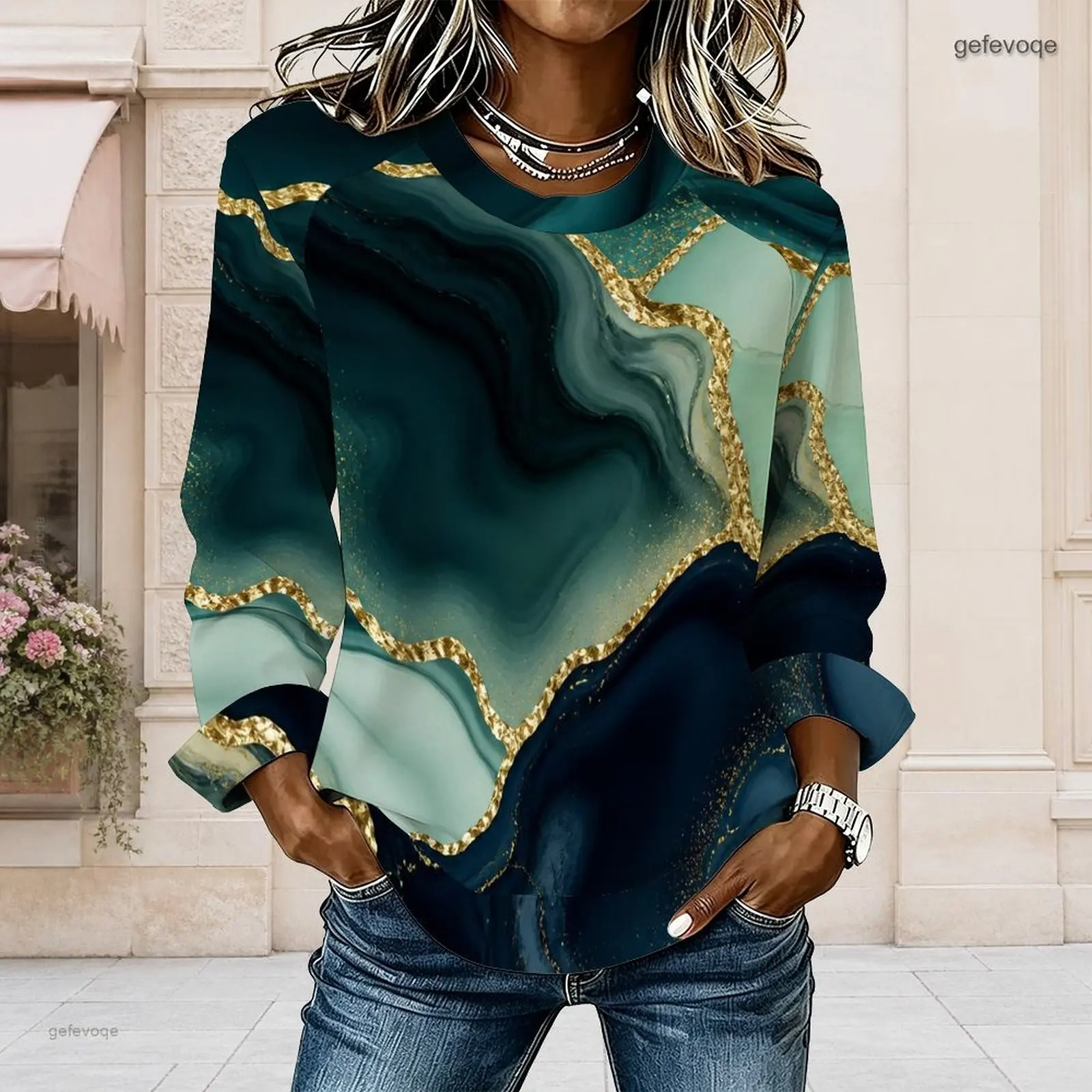 Women Teal Navy Green Swirling Marble Gold Print Round Neck Long Sleeve Curved Hem Top