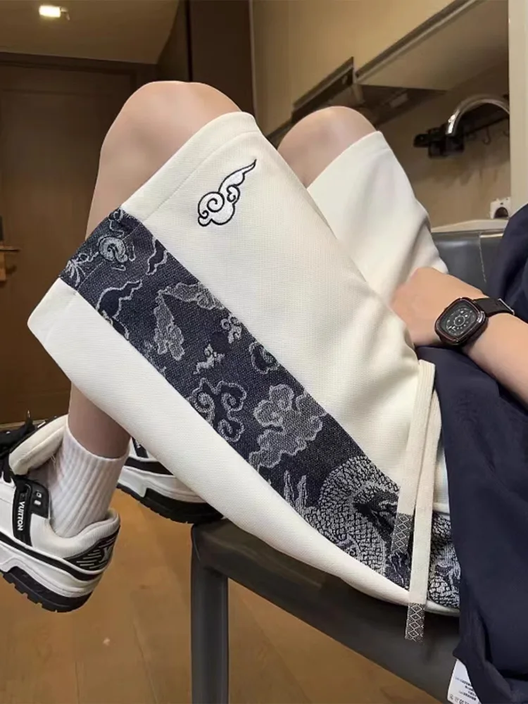 

New Chinese Style Men's Short Pants Embroidered Loose Fit Casual Sports Mid-Cut Summer Fashion Trend Brand Casual Pants