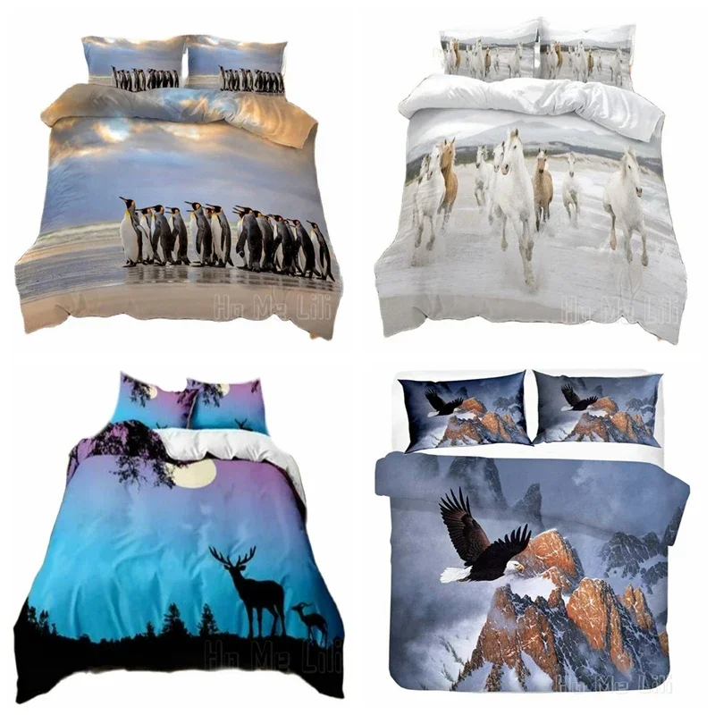 

3D Bald Eagle Penguin California Snow Mountain Duvet Cover Prairie Deer Fawn Elk Sun White Steed Bedding Set With Pillowcases