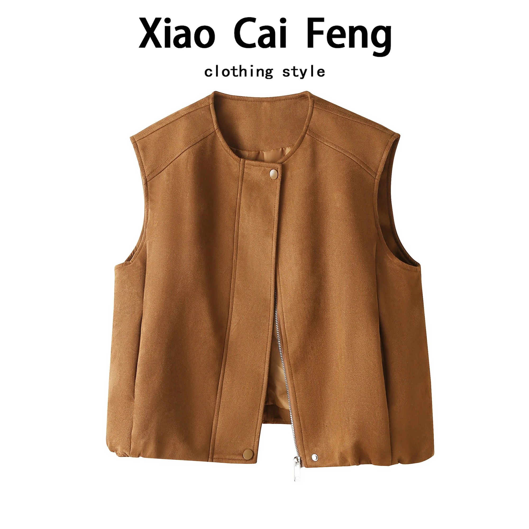 

Casual Sle Women's Suede Vest ort Outerwear Loose Fit Svel Spring Autumn Faion Outerwear round Ne Zipper Closure