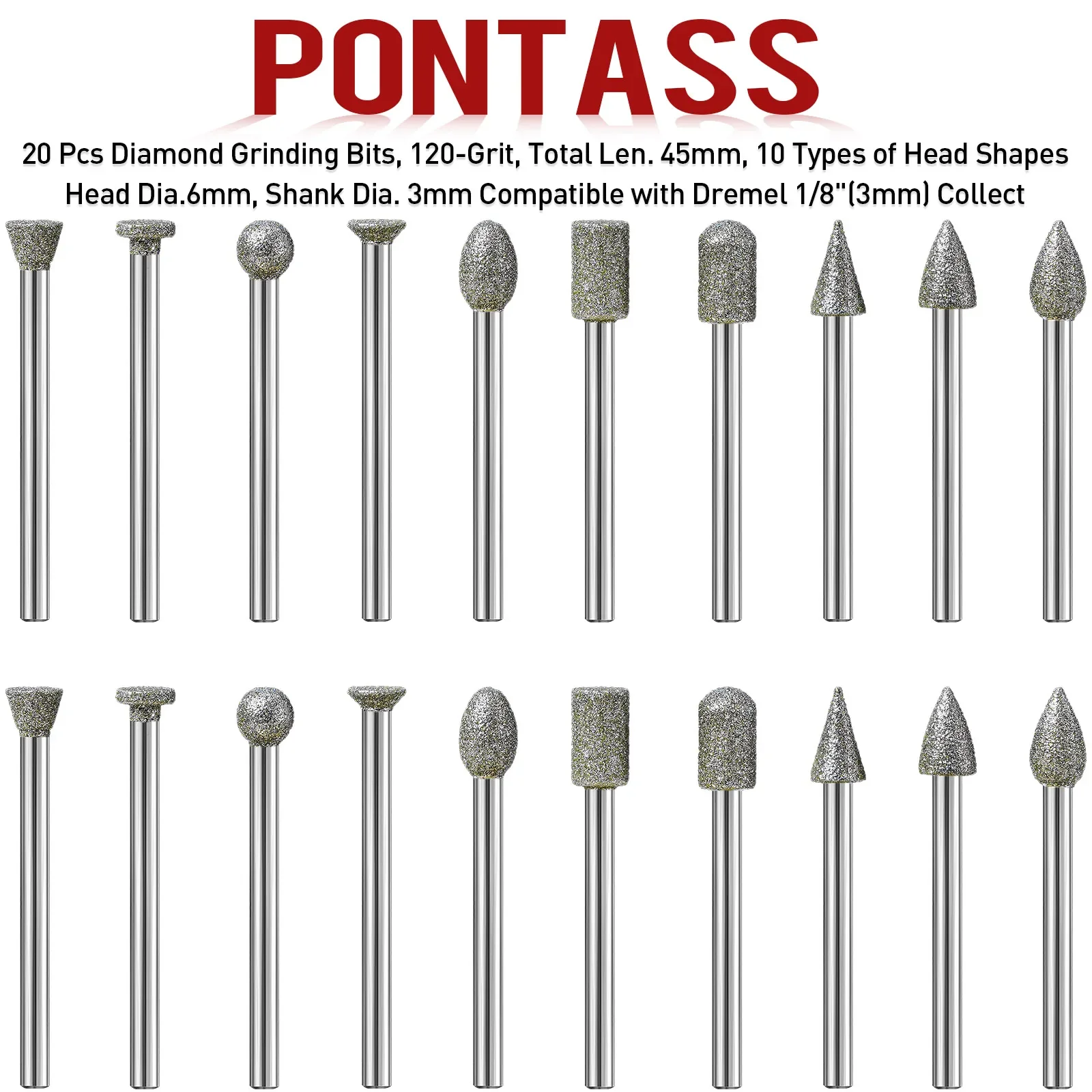 طقم لقم طحن الماس 20 قطعة 120 حصى، ساق 1/8 بوصة لنحت الحجر وطحن الزجاج للسيراميك والنقش والرملي
