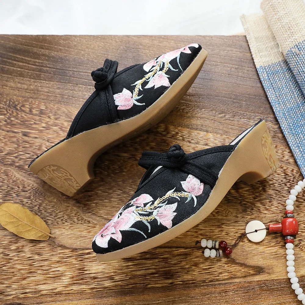 

7cm Block Heel Women Cotton Embroidered Mules Summer Ladies Chinese Style Close Toe Slippers Soft Comfortable Shoes