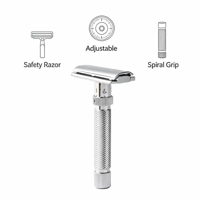 YAQI Adjustable Safety Razor for Men Double Edge Razor with Spiral Knurl Handle Polished Chrome Wet Shaving Razor