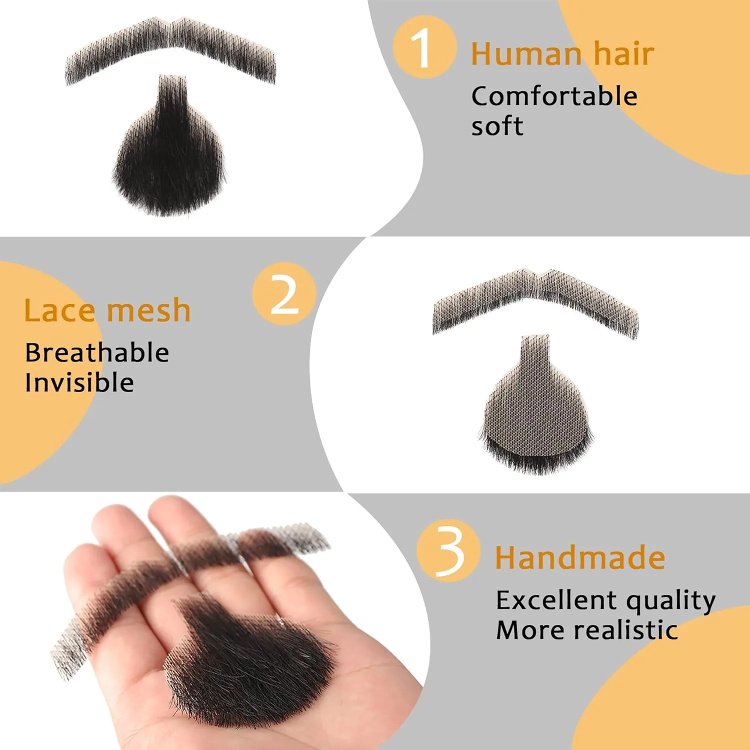 Wigundle Realistic Mustache for Adults Fake Beard 100% Human Hair Lace Invisible Men Makeup Entertainment Drama Party Movie Prop