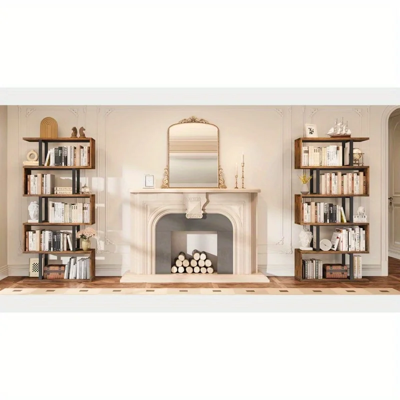 5 Tier Wood Geometric Bookcase S-Shaped Bookshelf Freestanding Display Shelf