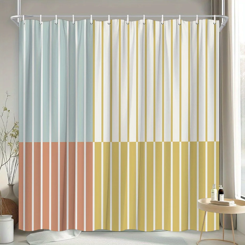 1pc Modern Geometric Shower Curtain with Vertical Stripes in Light Blue, Yellow, Brown, and Beige - Minimalist Bathroom Decor, P