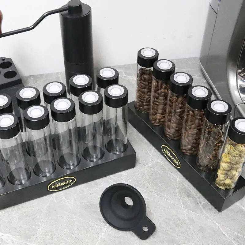 Coffee Beans Storage Container Glass Tube Bottle With Breathable Lid Wooden Display Rack Barista Accessories Coffeware Sets Gift