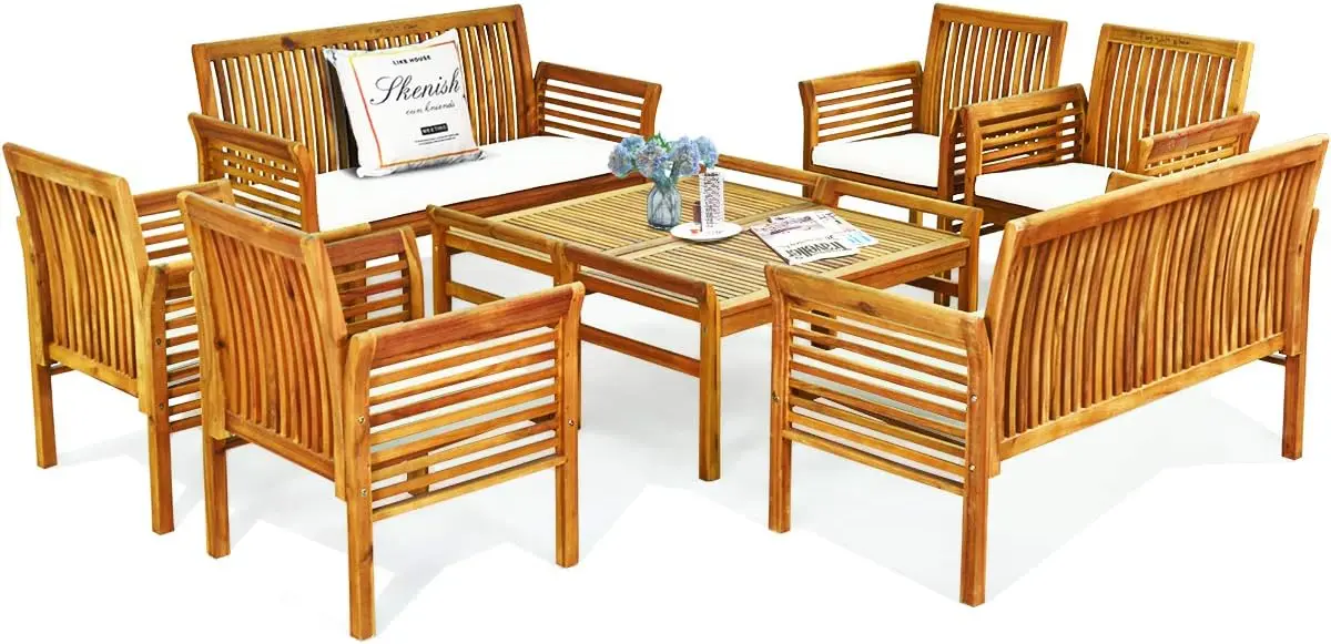 Tangkula 8 Piece Outdoor Acacia Wood Sofa Set W/Water Resistant Cushions Padded Patio Conversation Table Chair Set Poolside