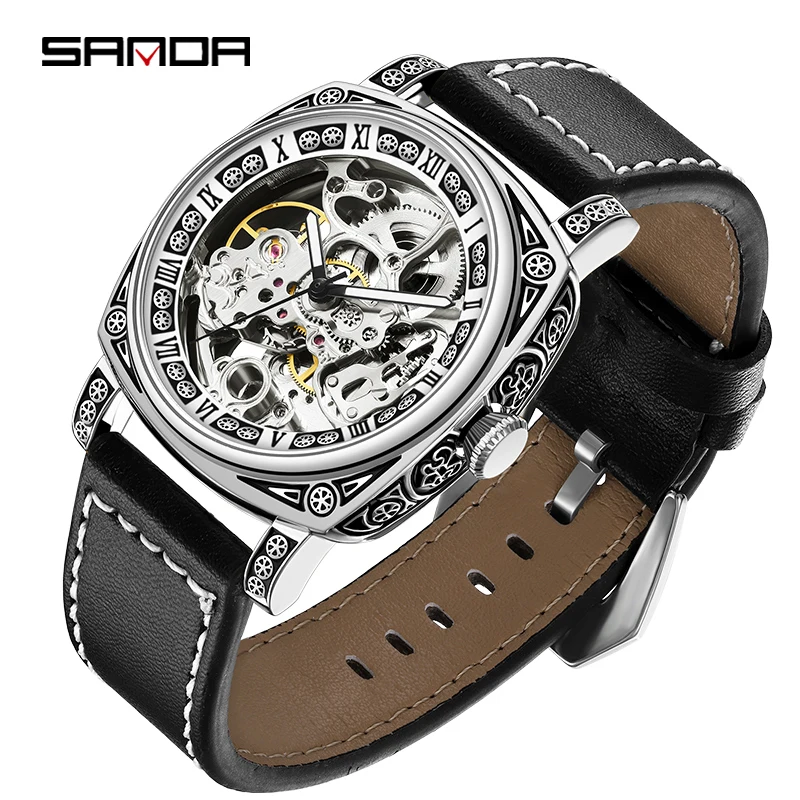 

SANDA Full Automatic Mechanical Movement Watch for Men Hollowed Out Dial Leather Strap Mens Watches Top Brand Luxury Clock