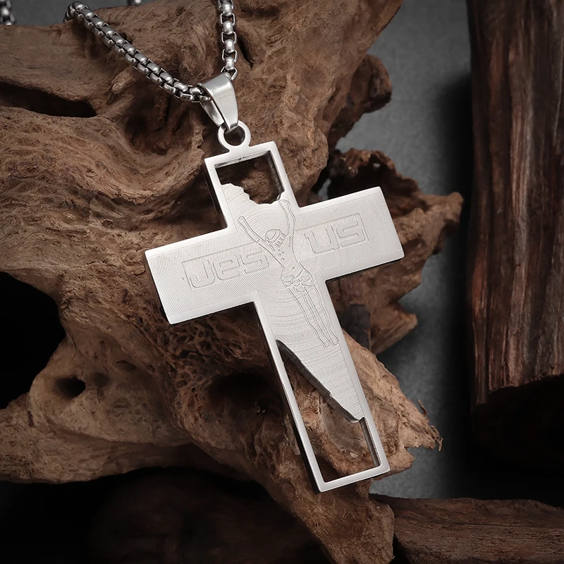 Stainless Steel Engraved Jesus Letters Christian Jesus Cross Pendant Necklace Men Women Catholic Faith Prayer Jewelry